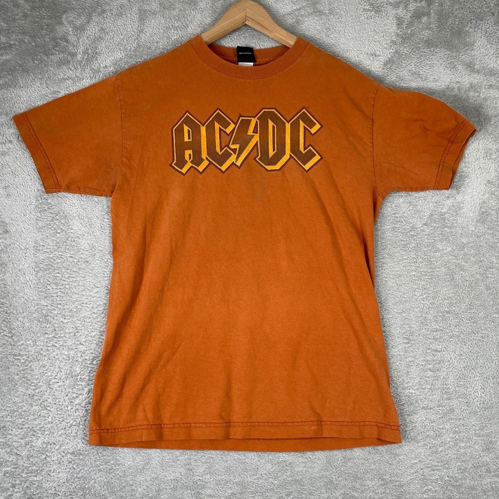 ACDC Shirt Mens Medium Orange Graphic Rock Band Tee Rockware Freeze Y2K Vintage